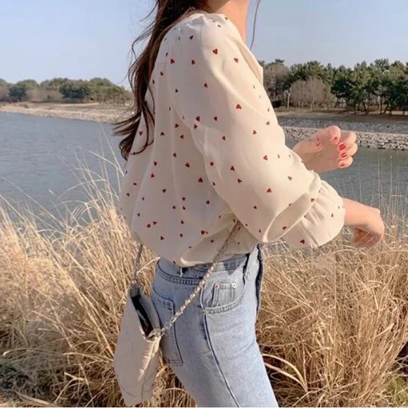 Heart blouse red heart print cream bell sleeve button chic womens NWT NEW - Picture 3 of 4